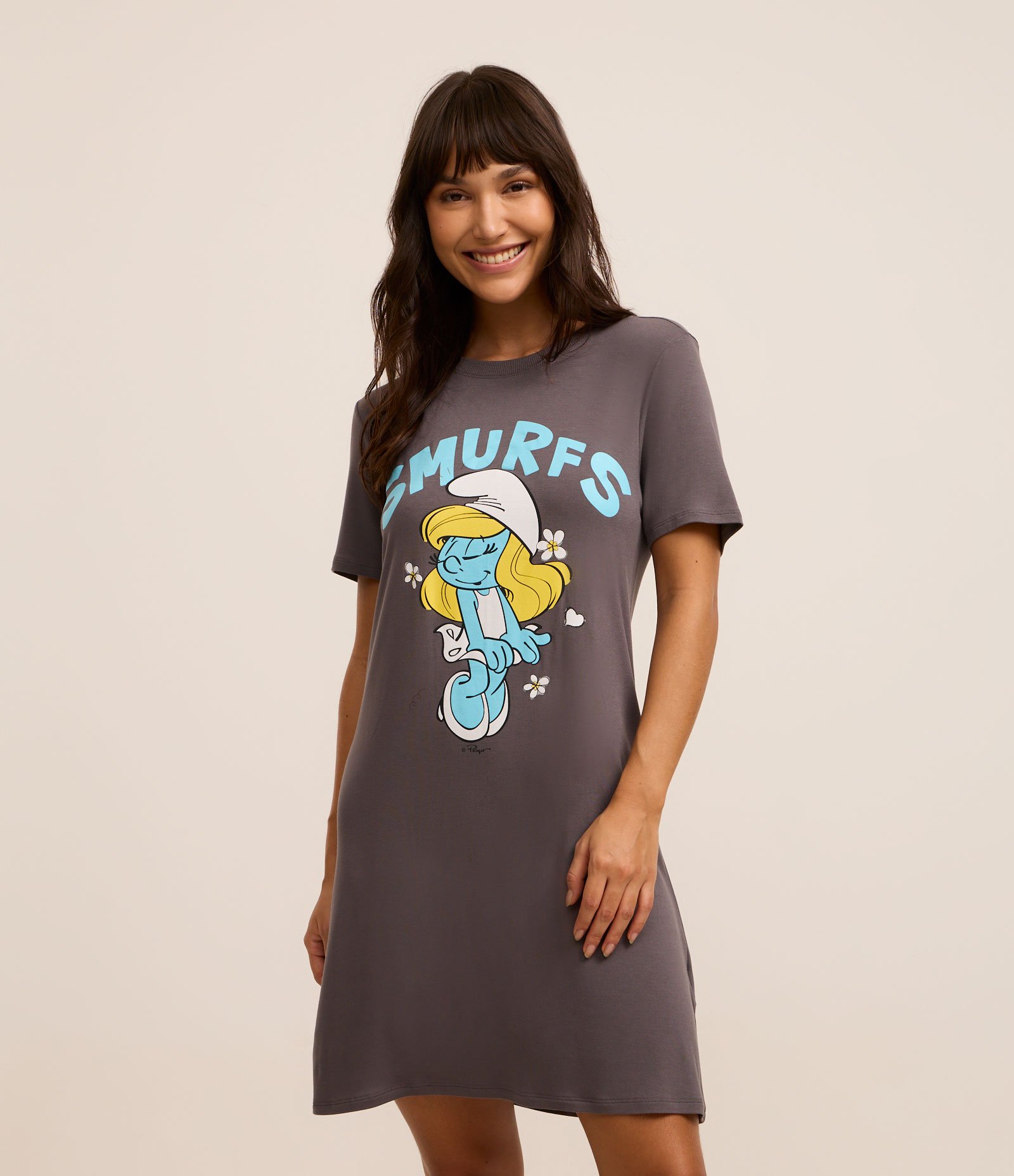 Camisola Curta em Viscose com Estampa Smurfette Cinza 1