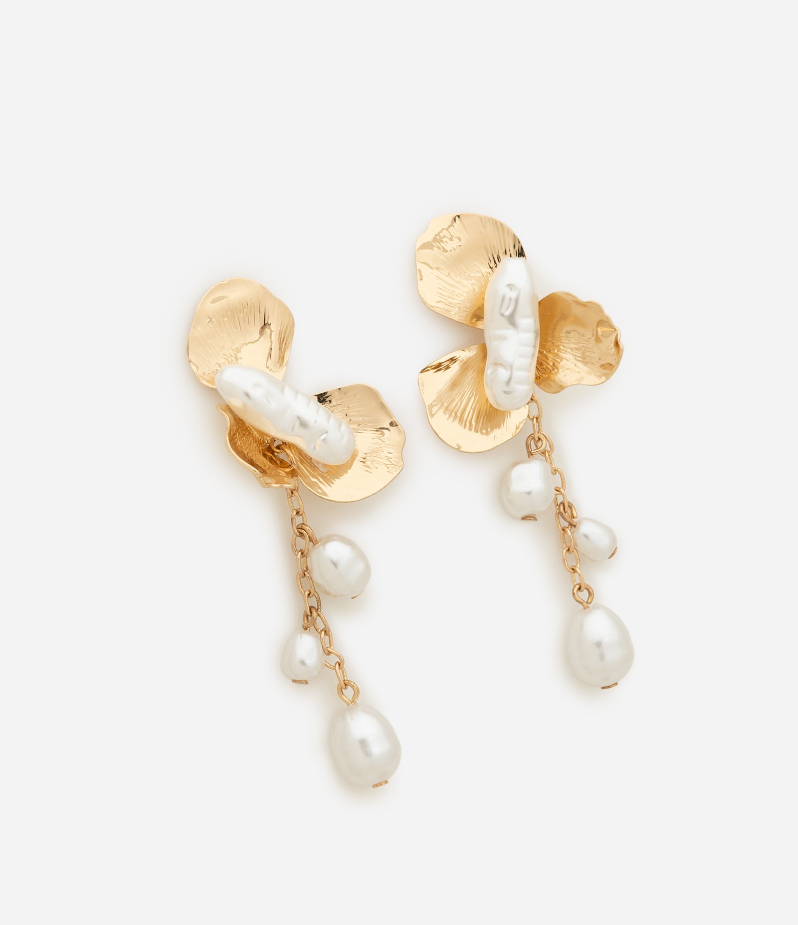 Brinco Fio Flor Dobrada com Pérola Sintética Dourado/Off White 1