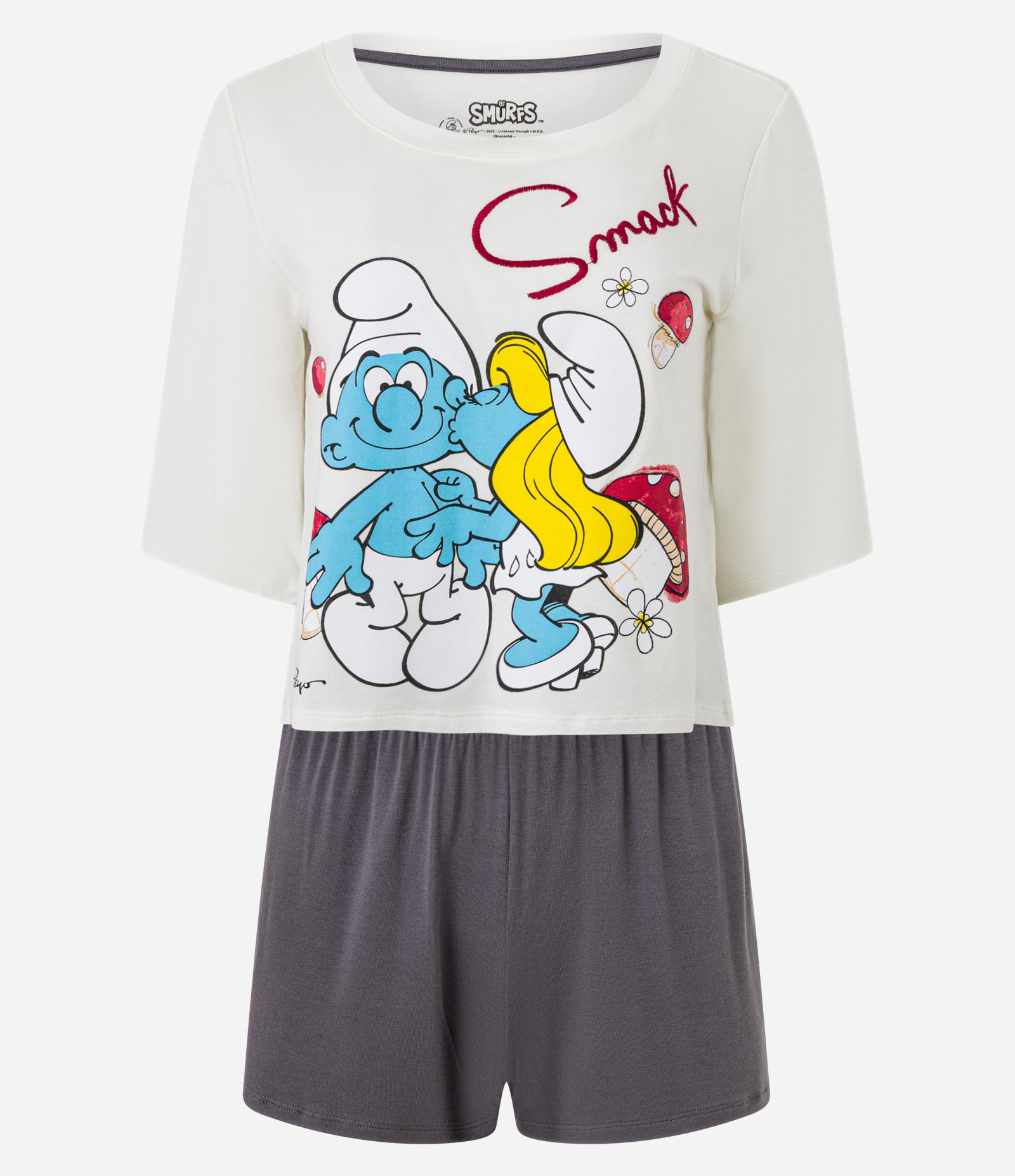 Pijama Short Doll em Viscose com Estampa Casal Smurf Branco/Cinza 4