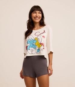 Pijama Short Doll em Viscose com Estampa Casal Smurf