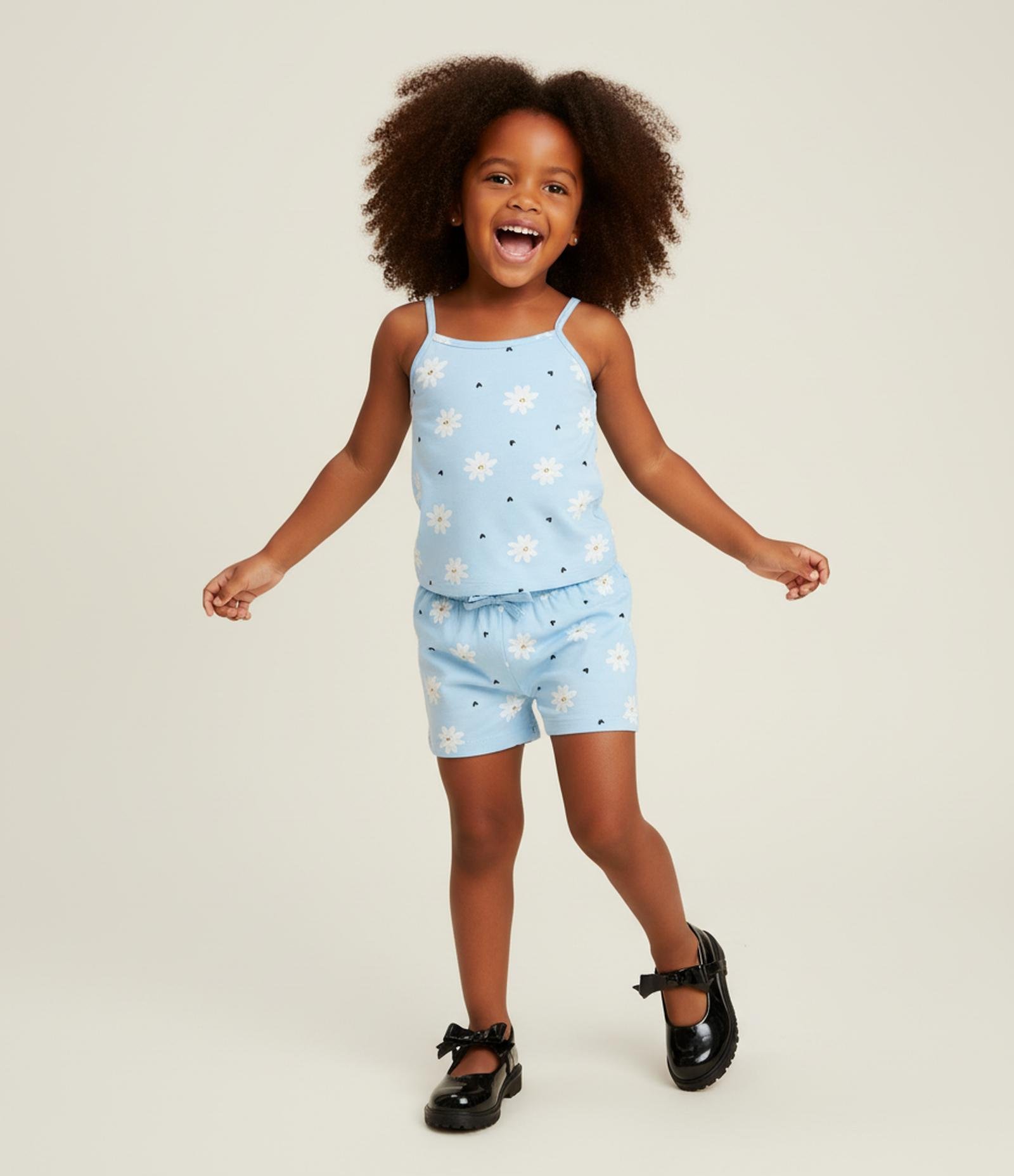 Regata Infantil com Estampa de Margaridas e Corações - Tam 1 A 6 Anos Azul 1