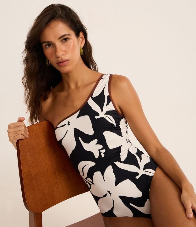 Maiô Ombro Só em Microfibra com Estampa Floral e Viés Constrastante