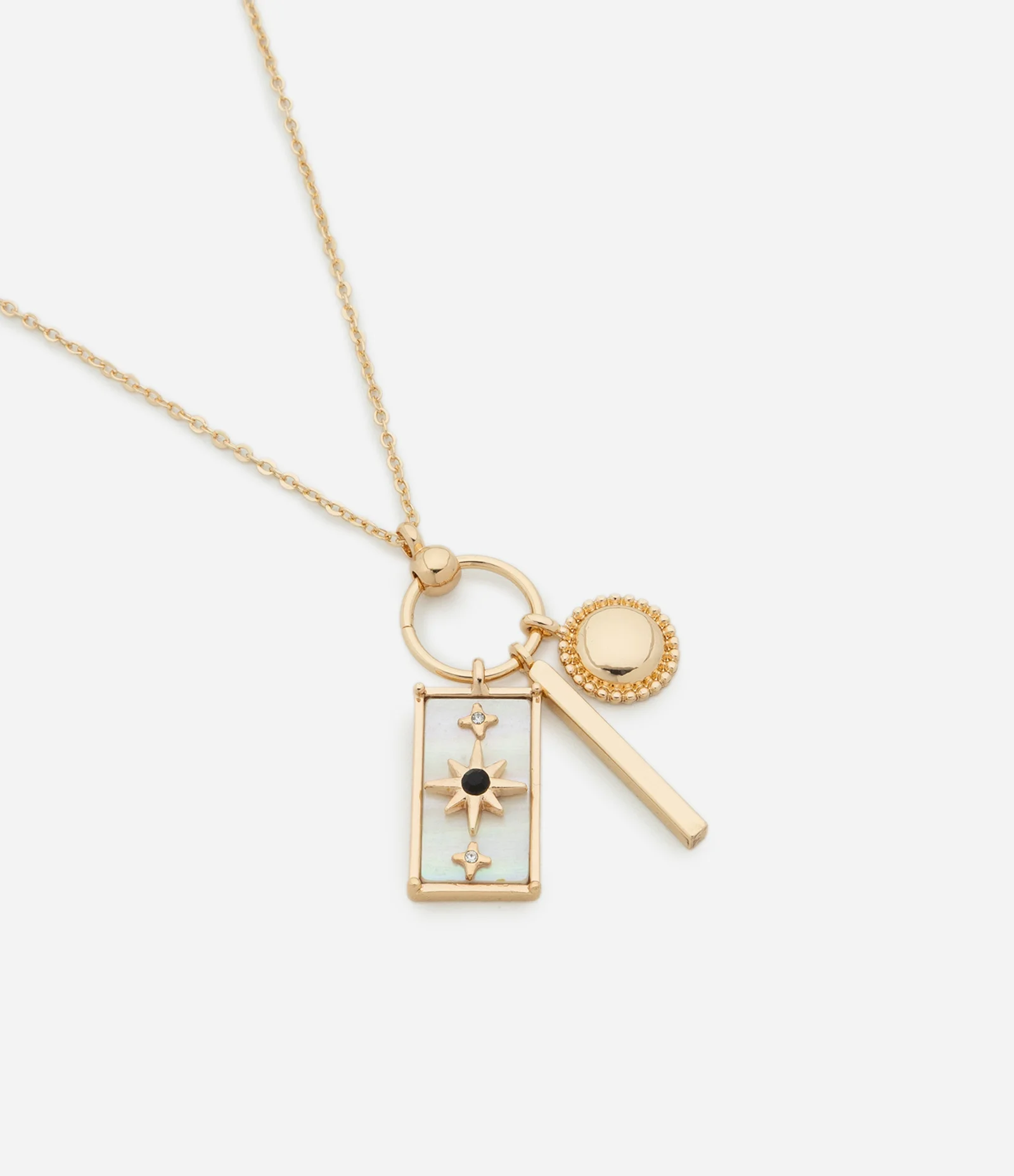 Colar Médio com Pingentes de Madrepérola com Estrela Palito e Esfera Dourado 1