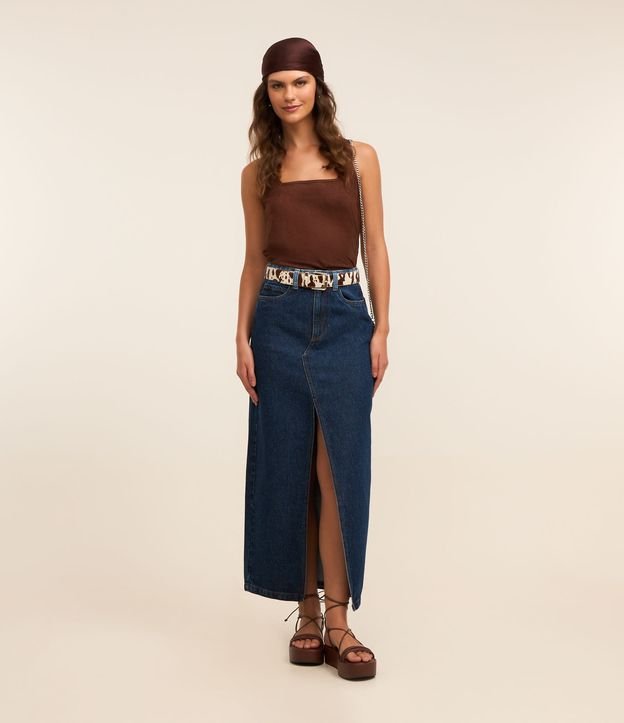 Saia Longa em Jeans com Cós Contrastante e Fenda