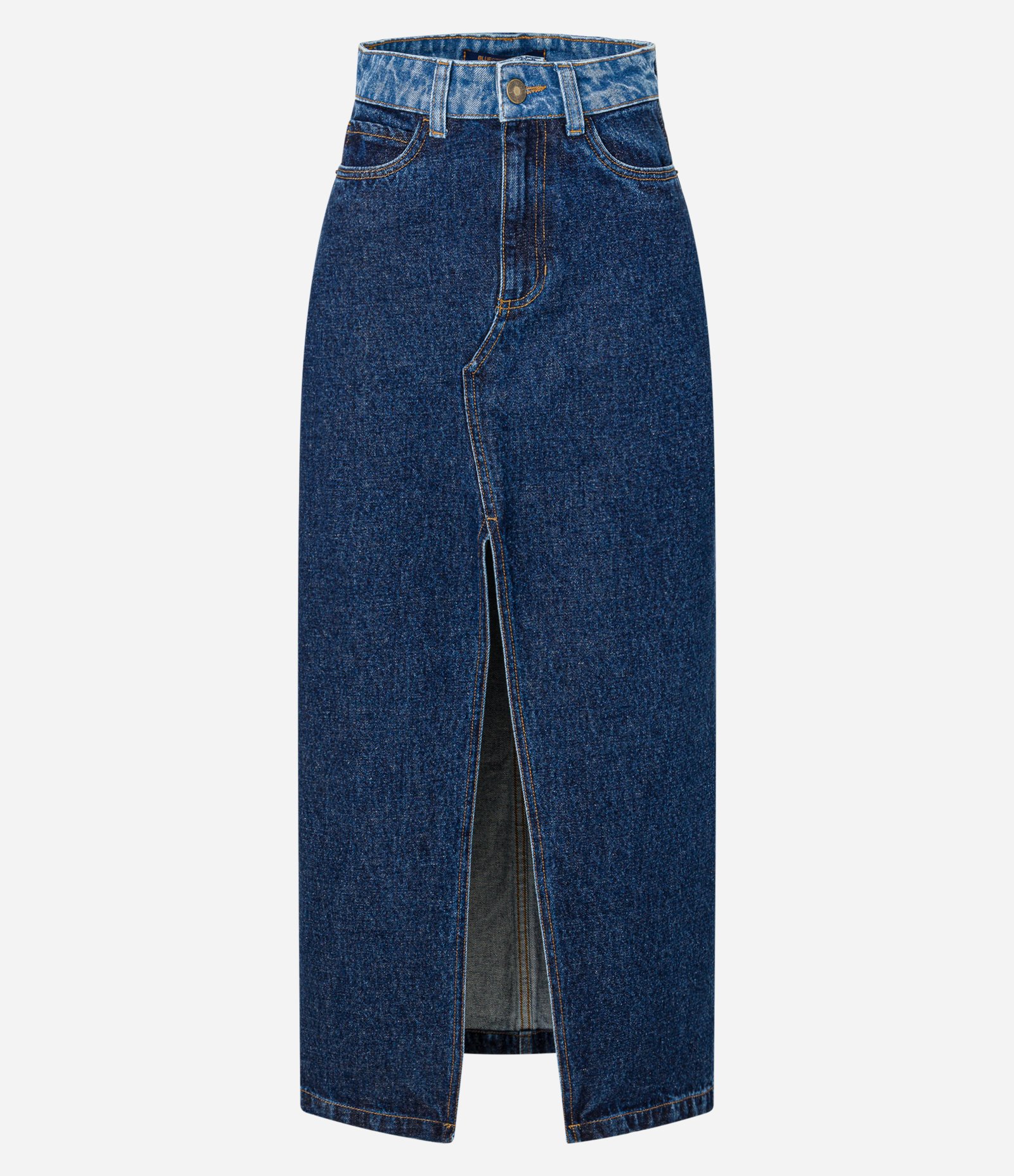Saia Longa em Jeans com Cós Contrastante e Fenda Azul 5