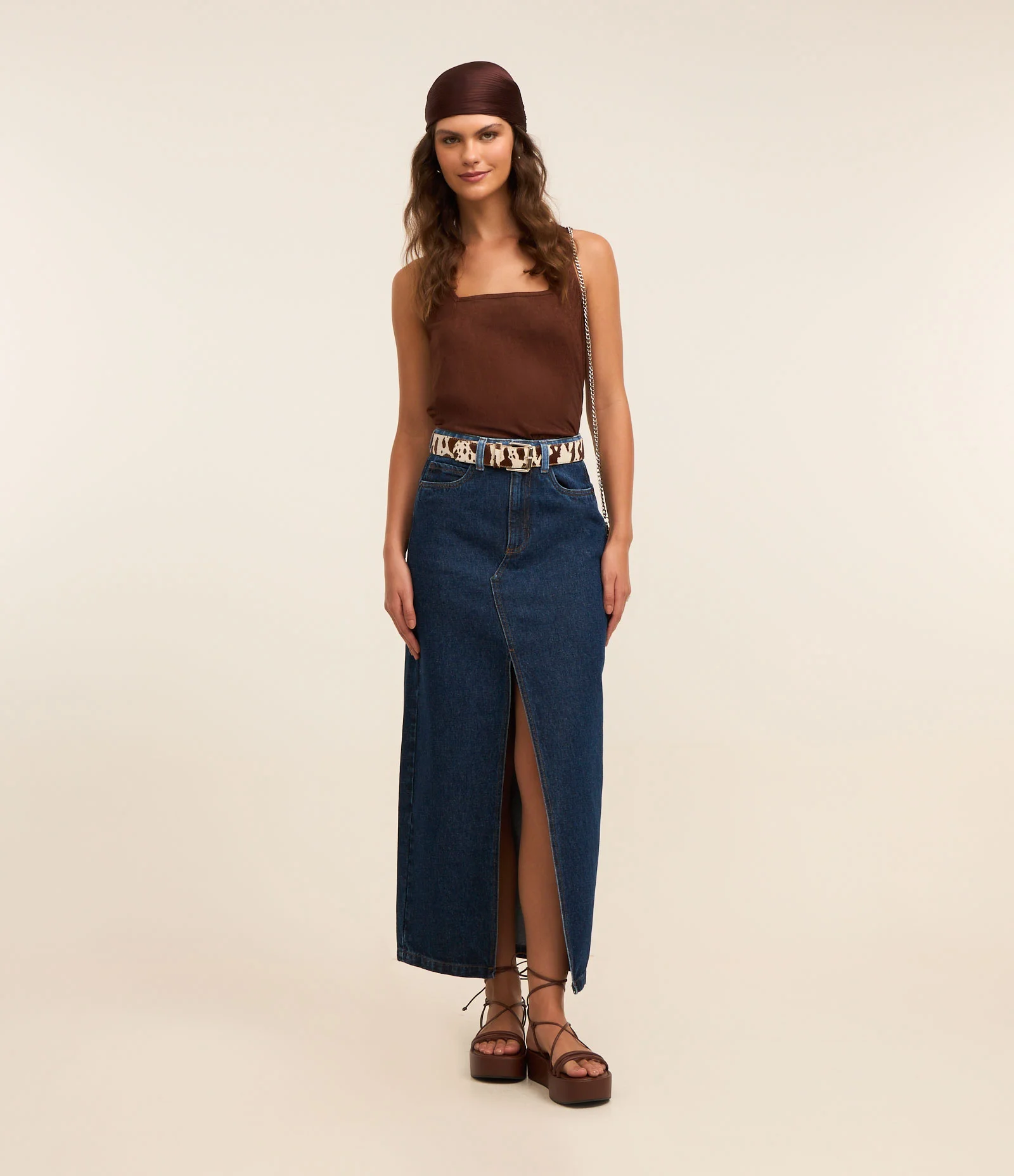 Saia Longa em Jeans com Cós Contrastante e Fenda Azul 1