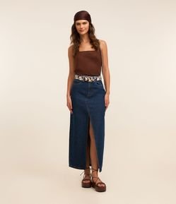 Saia Longa em Jeans com Cós Contrastante e Fenda