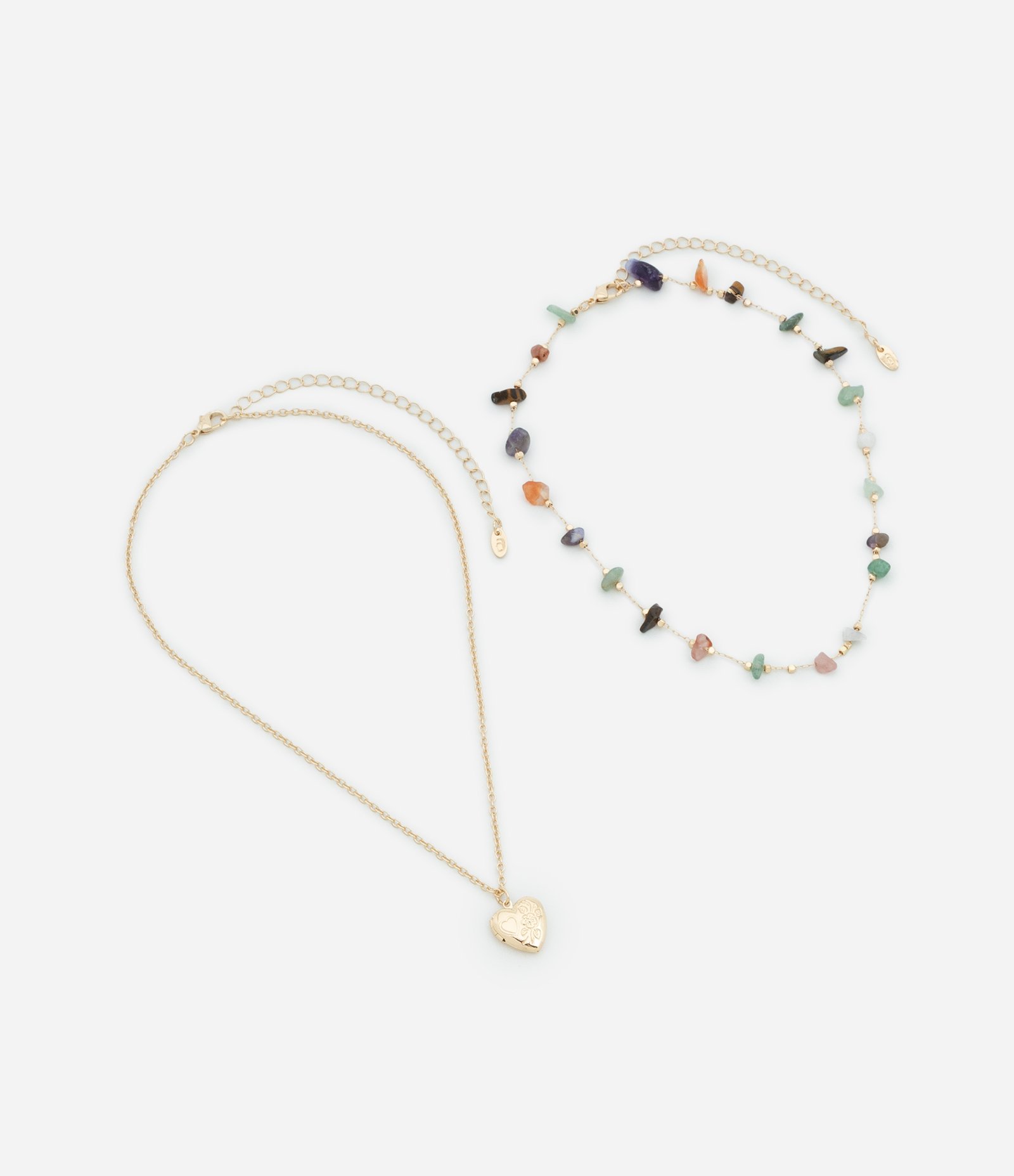 Colar Camadas com Cascalhos e Pingente de Relicário Coração Dourado 2