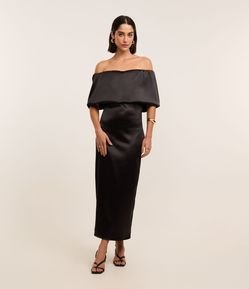 Vestido Longo em Cetim Ombro a Ombro e Fenda