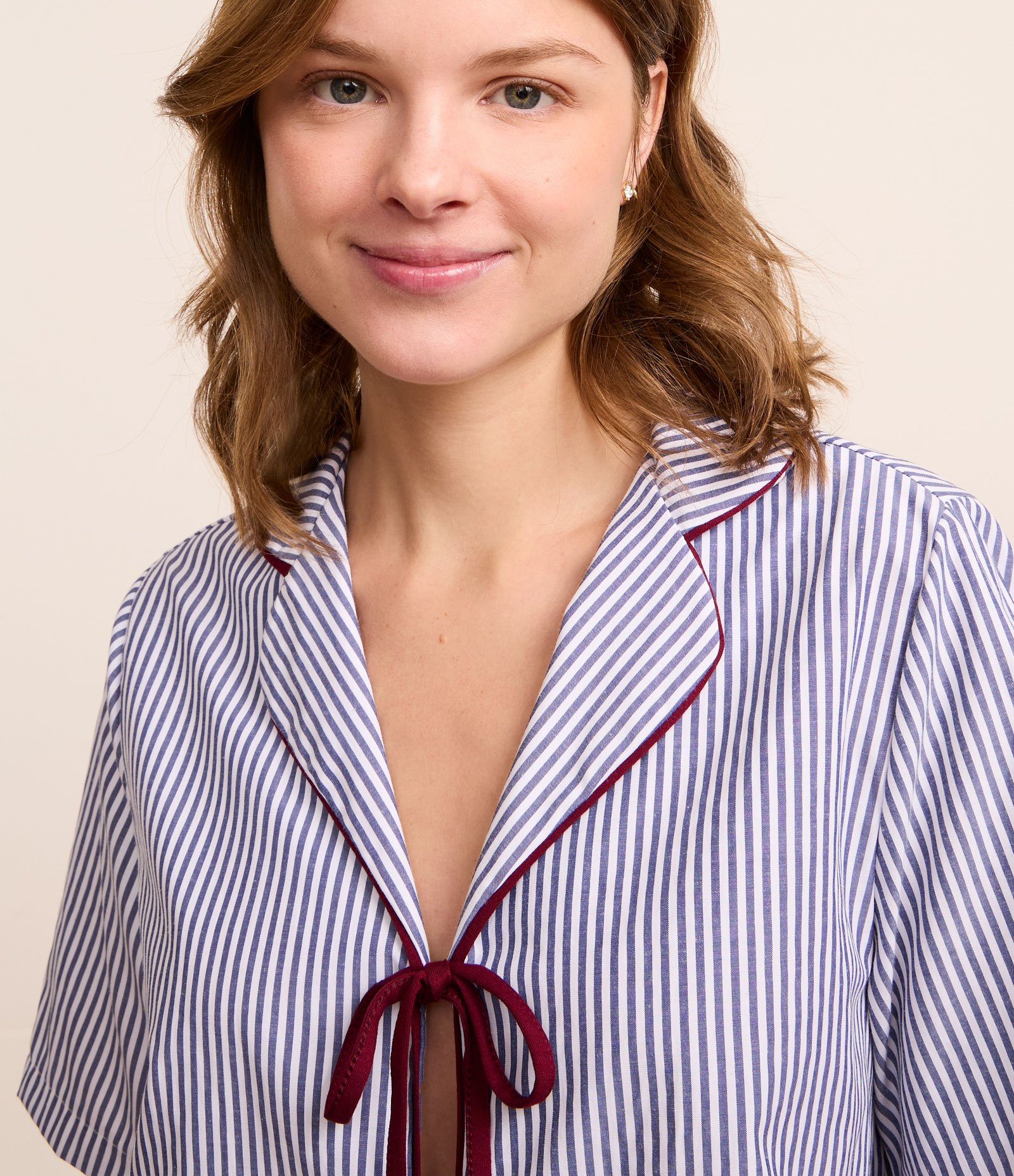 Pijama Short Doll em Chalis Listrado com Amarração e Short Boxer Azul 2