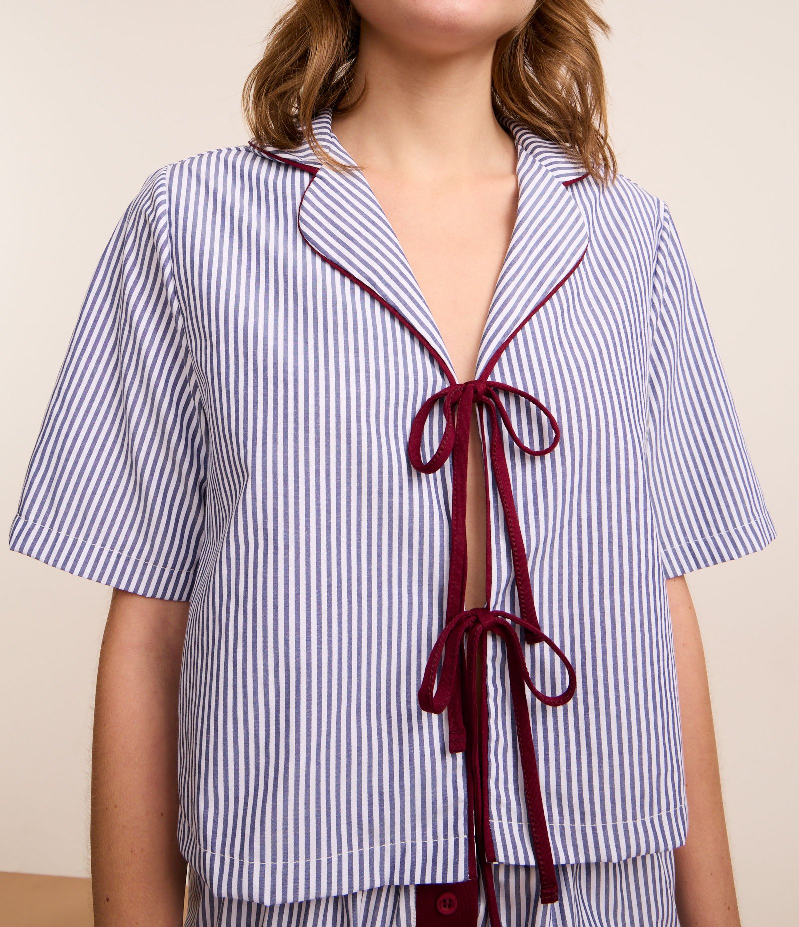 Pijama Short Doll em Chalis Listrado com Amarração e Short Boxer Azul 3