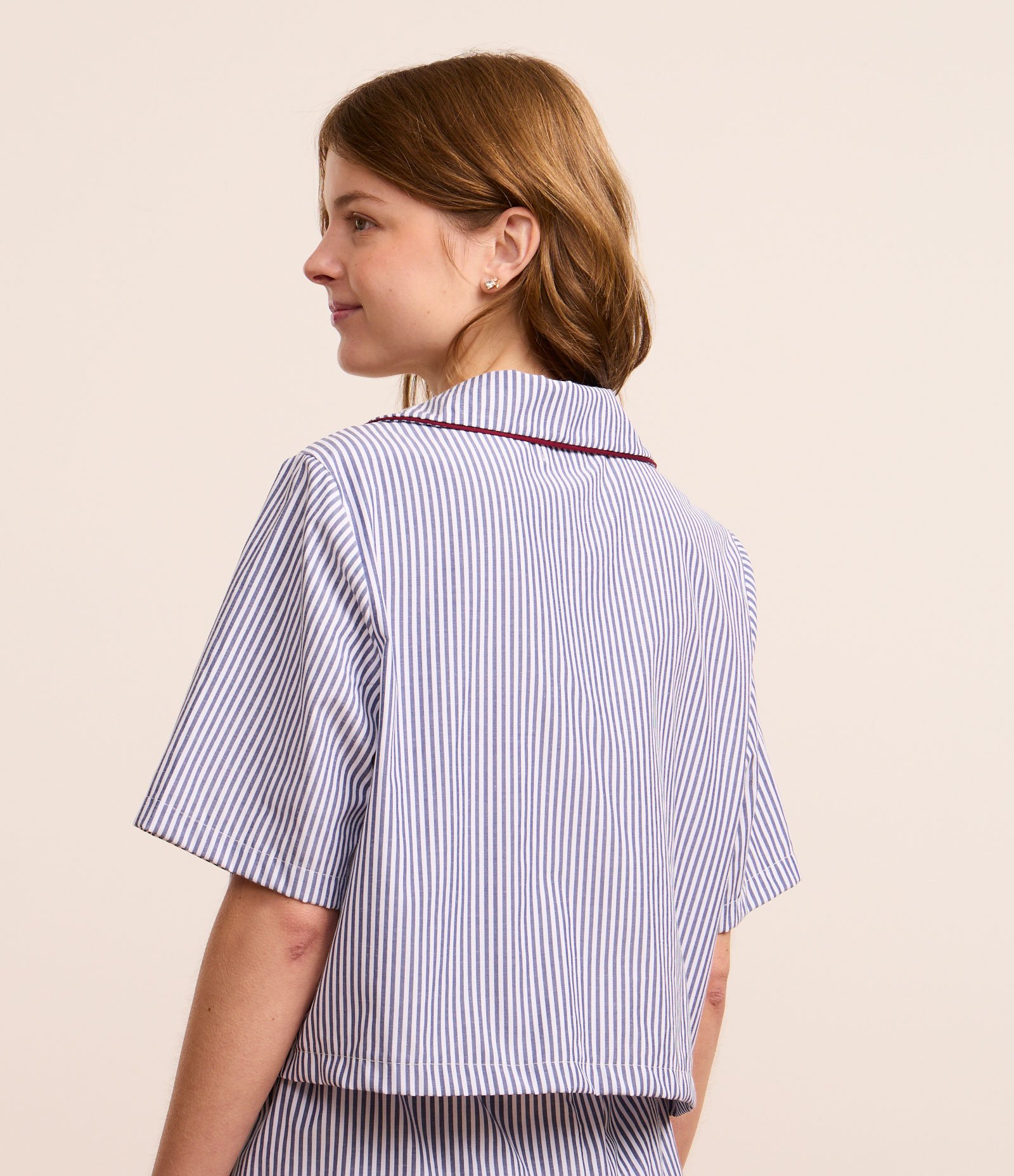 Pijama Short Doll em Chalis Listrado com Amarração e Short Boxer Azul 5