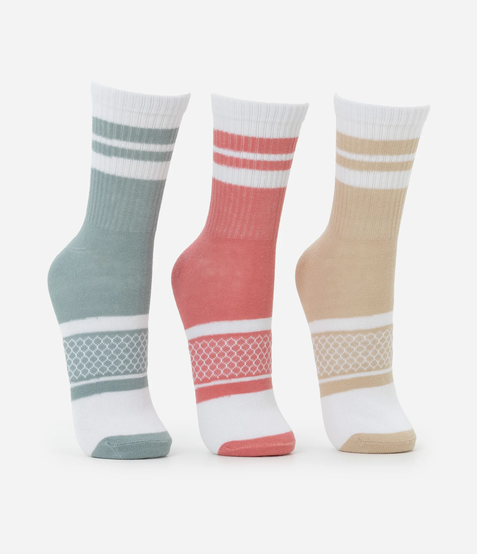 Kit 03 Meias Cano Alto Esportivas em Algodão com ListraS Bege/Verde/Coral 2