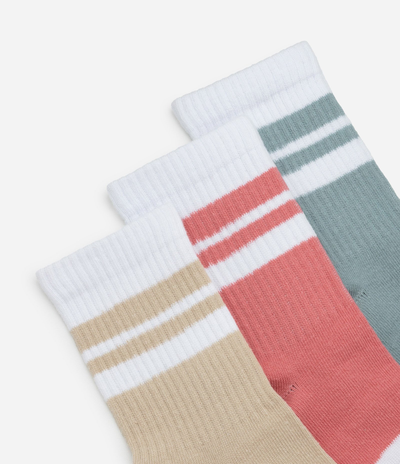 Kit 03 Meias Cano Alto Esportivas em Algodão com ListraS Bege/Verde/Coral 4