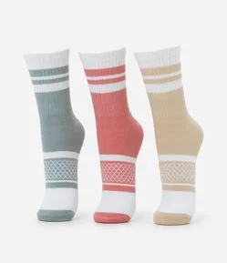 Kit 03 Meias Cano Alto Esportivas em Algodão com ListraS