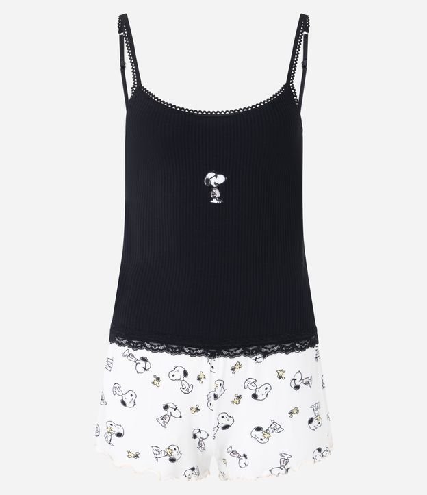 Pijama Short Doll em Ribana com Estampa Snoopy e Alças Finas