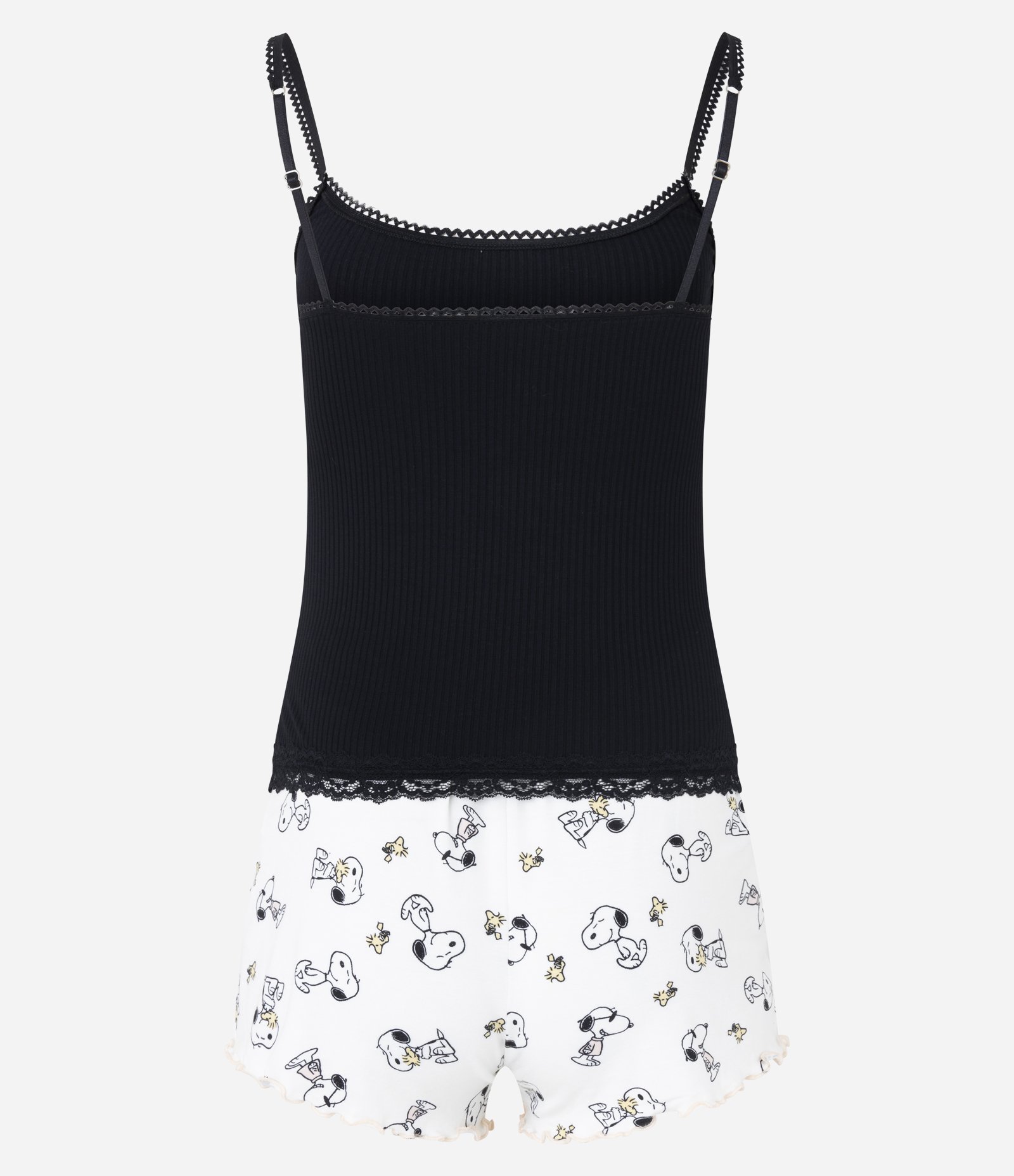 Pijama Short Doll em Ribana com Estampa Snoopy e Alças Finas Preto 6
