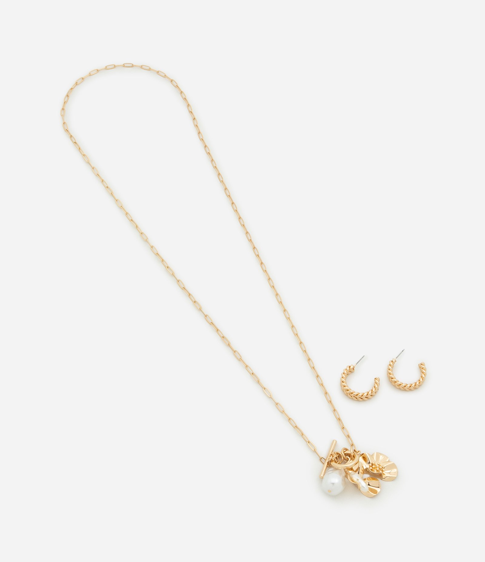Conjunto de Colar Longo com Pingente de Flor e Pérola Sintética e Brinco Argola Dourado 3