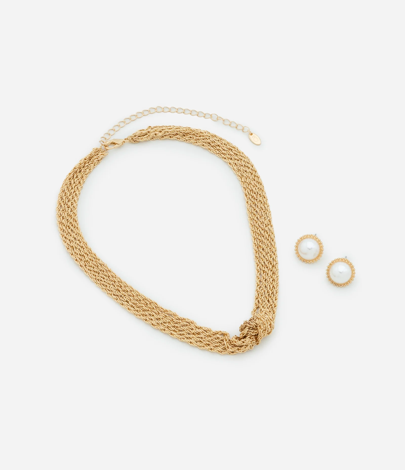 Conjunto de Colar Curto com 05 Correntes com Nó e Brinco Botão Perolado Dourado 2