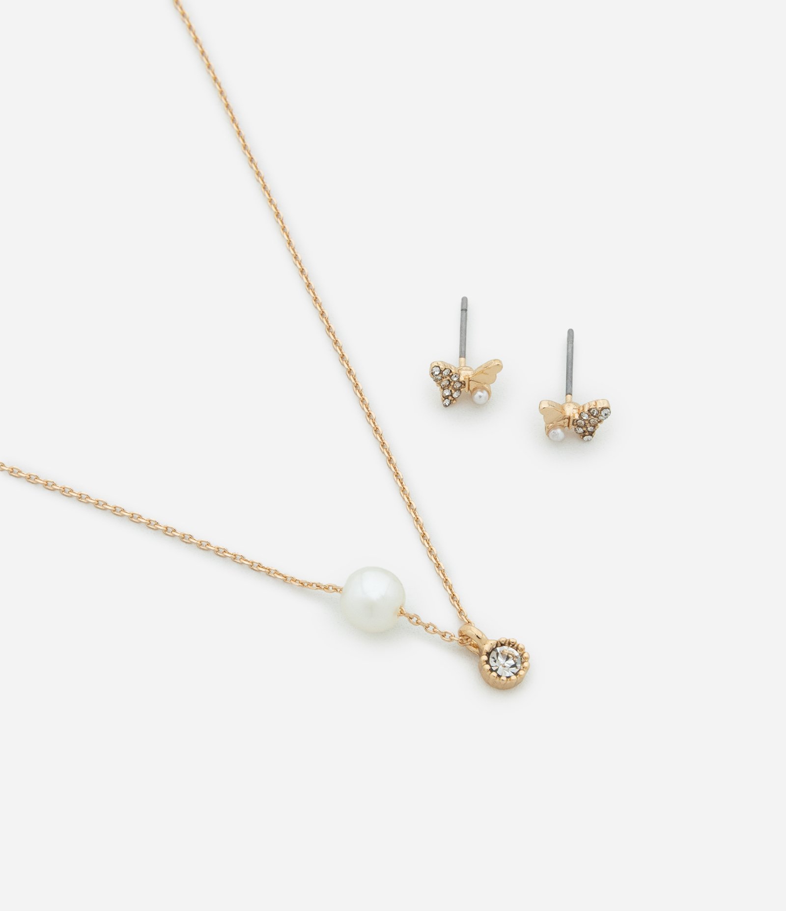 Conjunto de Colar Curto com Pingente e Pérola Artificial e Brinco Borboleta Dourado 1