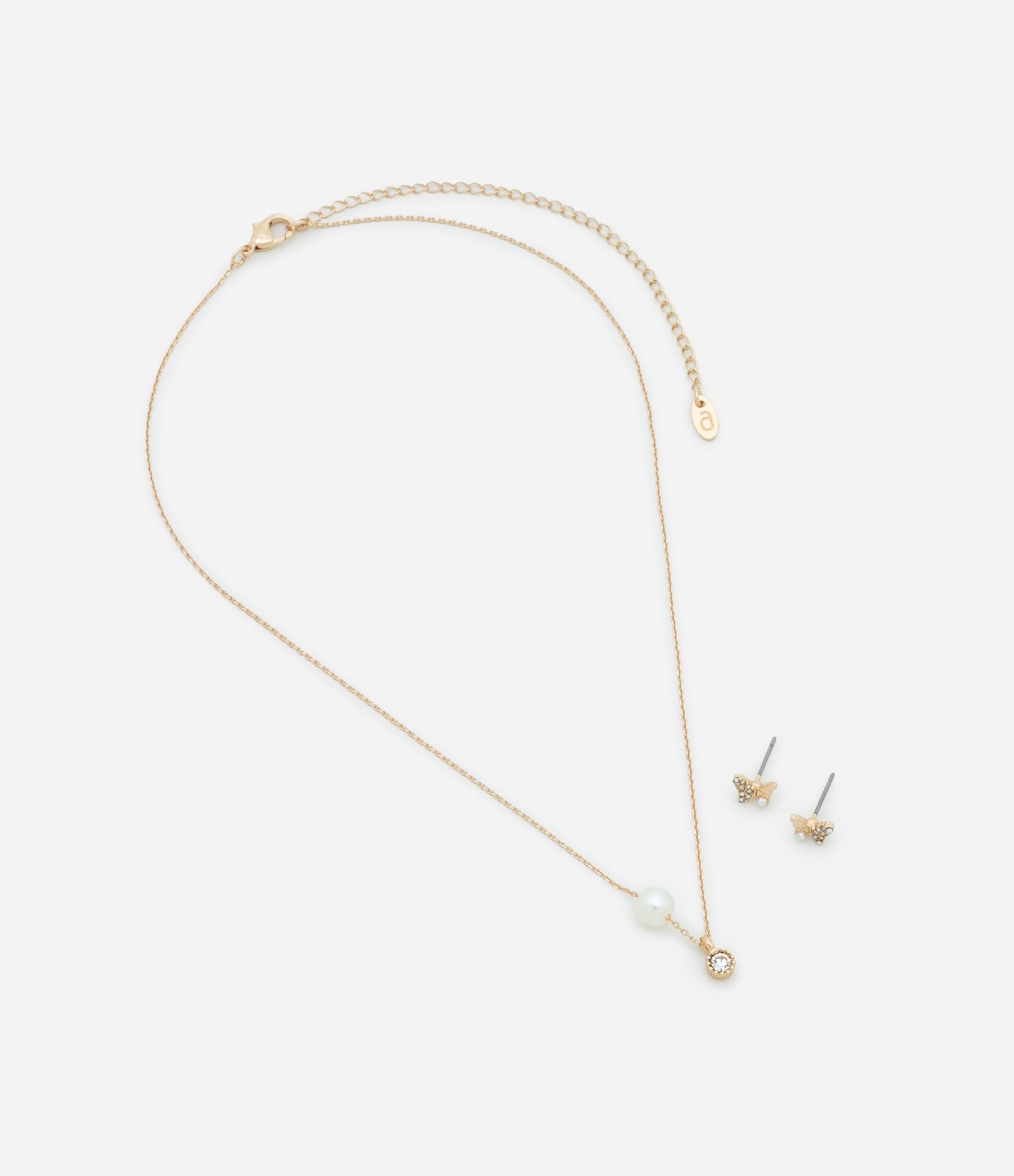 Conjunto de Colar Curto com Pingente e Pérola Artificial e Brinco Borboleta Dourado 2