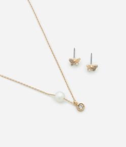 Conjunto de Colar Curto com Pingente e Pérola Artificial e Brinco Borboleta