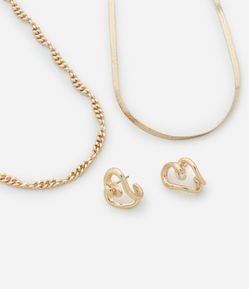 Conjunto de Colar Fita e Corrente com Brinco Botão Coração