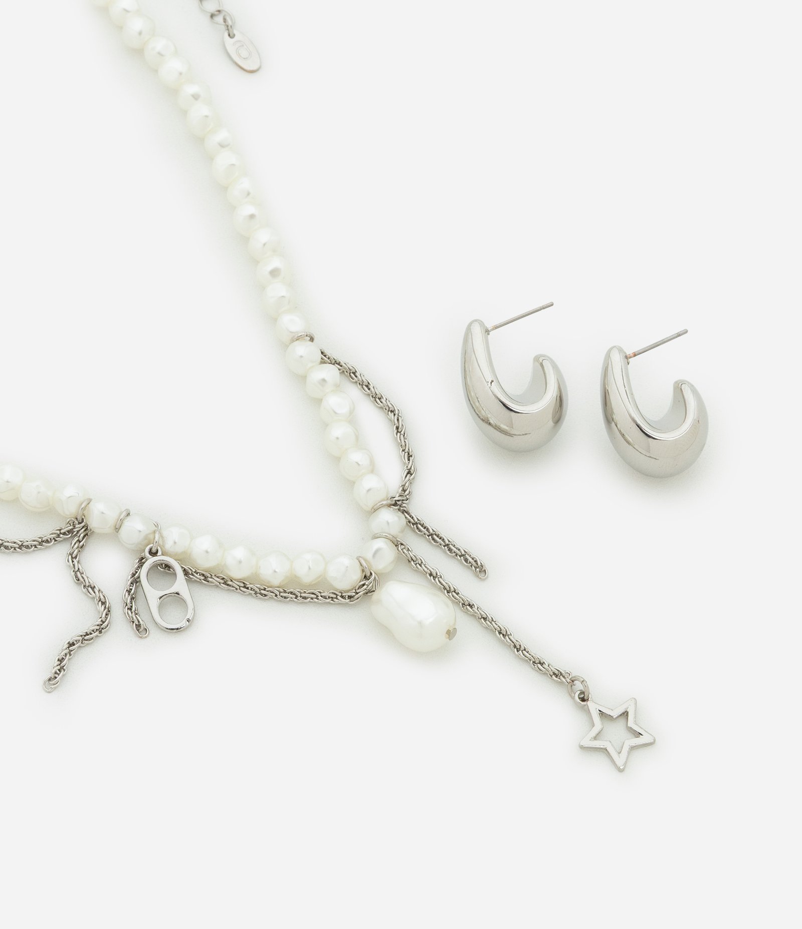 Conjunto de Colar com Perola Artificial e Correntes com Brinco Argola Prata/Branco 1