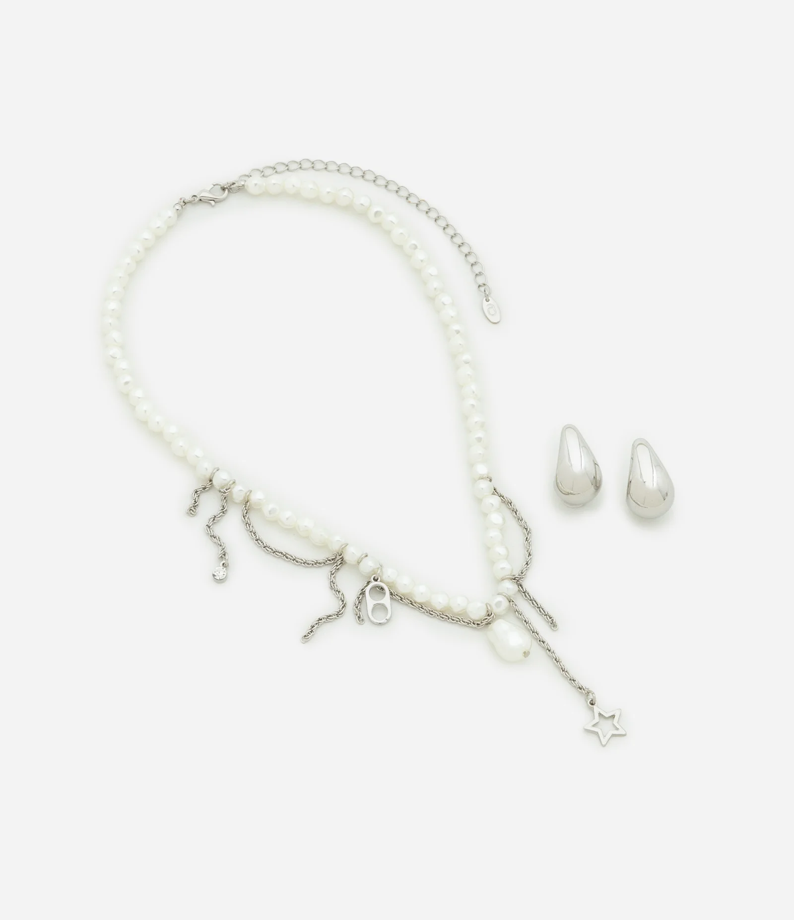 Conjunto de Colar com Perola Artificial e Correntes com Brinco Argola Prata/Branco 2