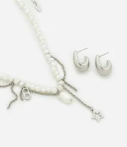 Conjunto de Colar com Perola Artificial e Correntes com Brinco Argola