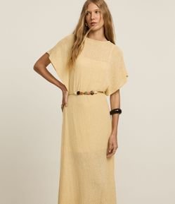 Vestido Midi de Efeito Crochê e Cinto com Pedrarias
