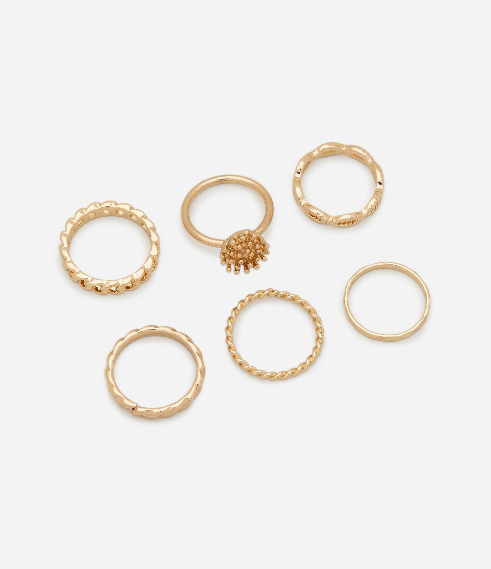 Kit 06 Anéis Delicados em Metal Texturizado Dourado 1