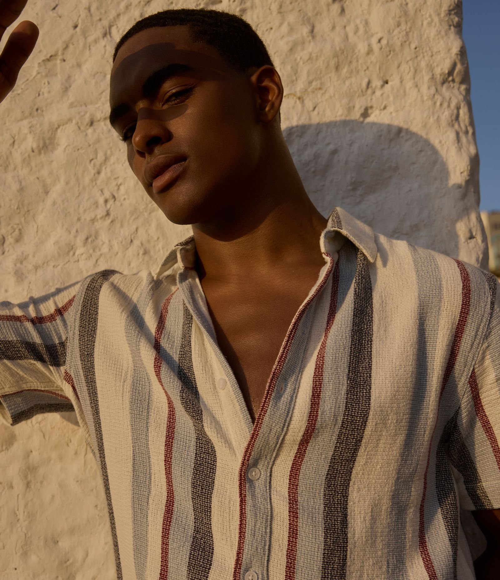 Camisa em Algodão Texturizada com Listras Azul claro/Cinza chumbo/Branco/Bordo 1