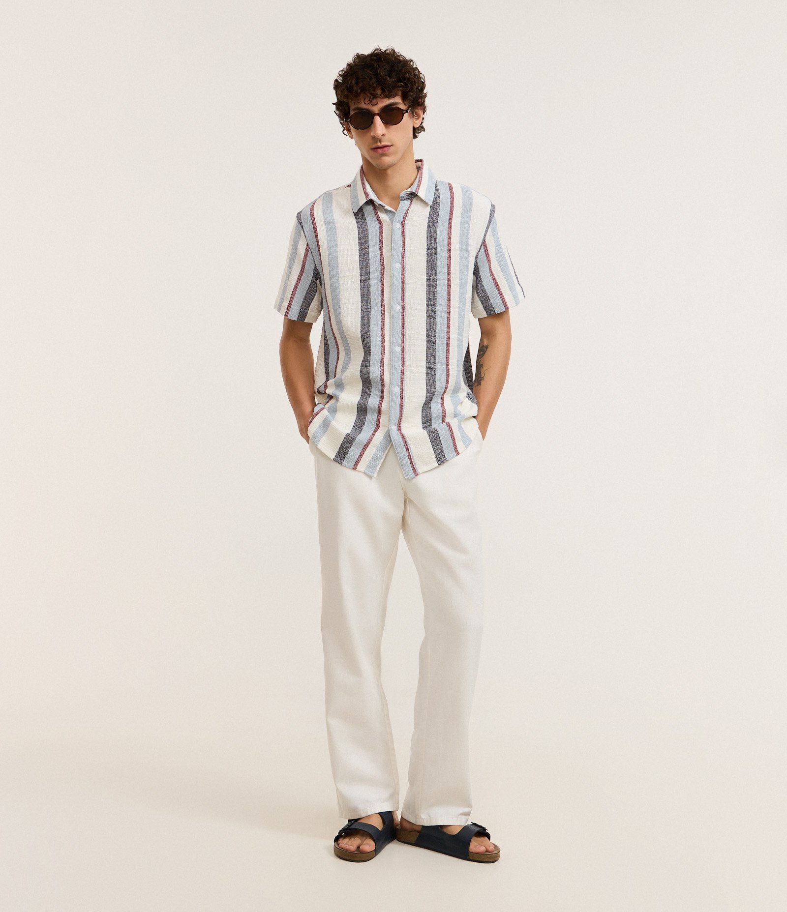 Camisa em Algodão Texturizada com Listras Azul claro/Cinza chumbo/Branco/Bordo 3