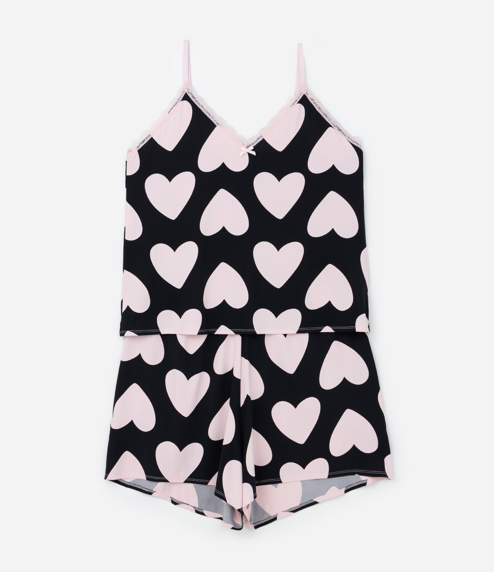 Pijama Short Doll em Detalhes de Renda e Estampa de Coração Curve & Plus Size Preto/Rosa 4