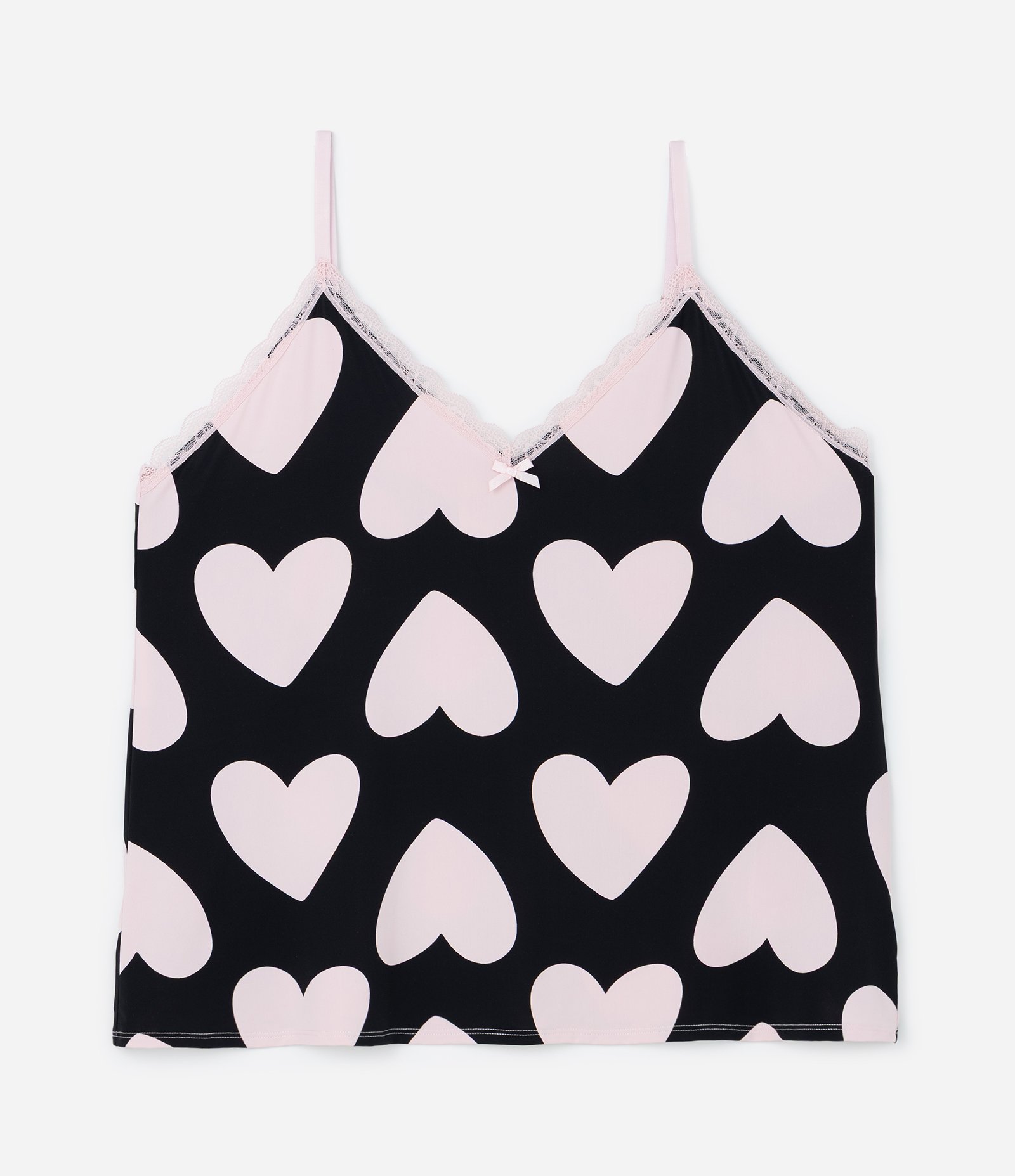 Pijama Short Doll em Detalhes de Renda e Estampa de Coração Curve & Plus Size Preto/Rosa 7