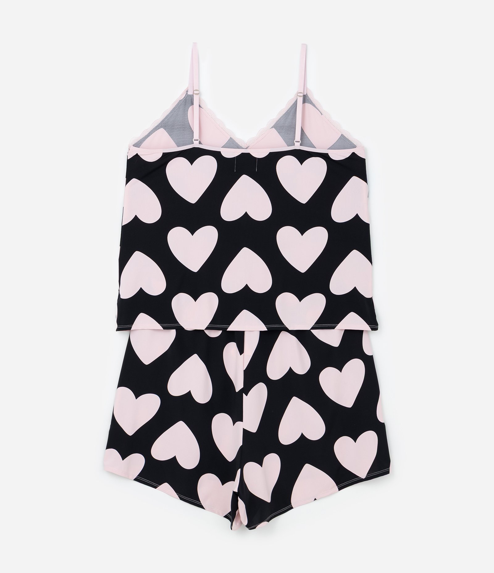 Pijama Short Doll em Detalhes de Renda e Estampa de Coração Curve & Plus Size Preto/Rosa 8