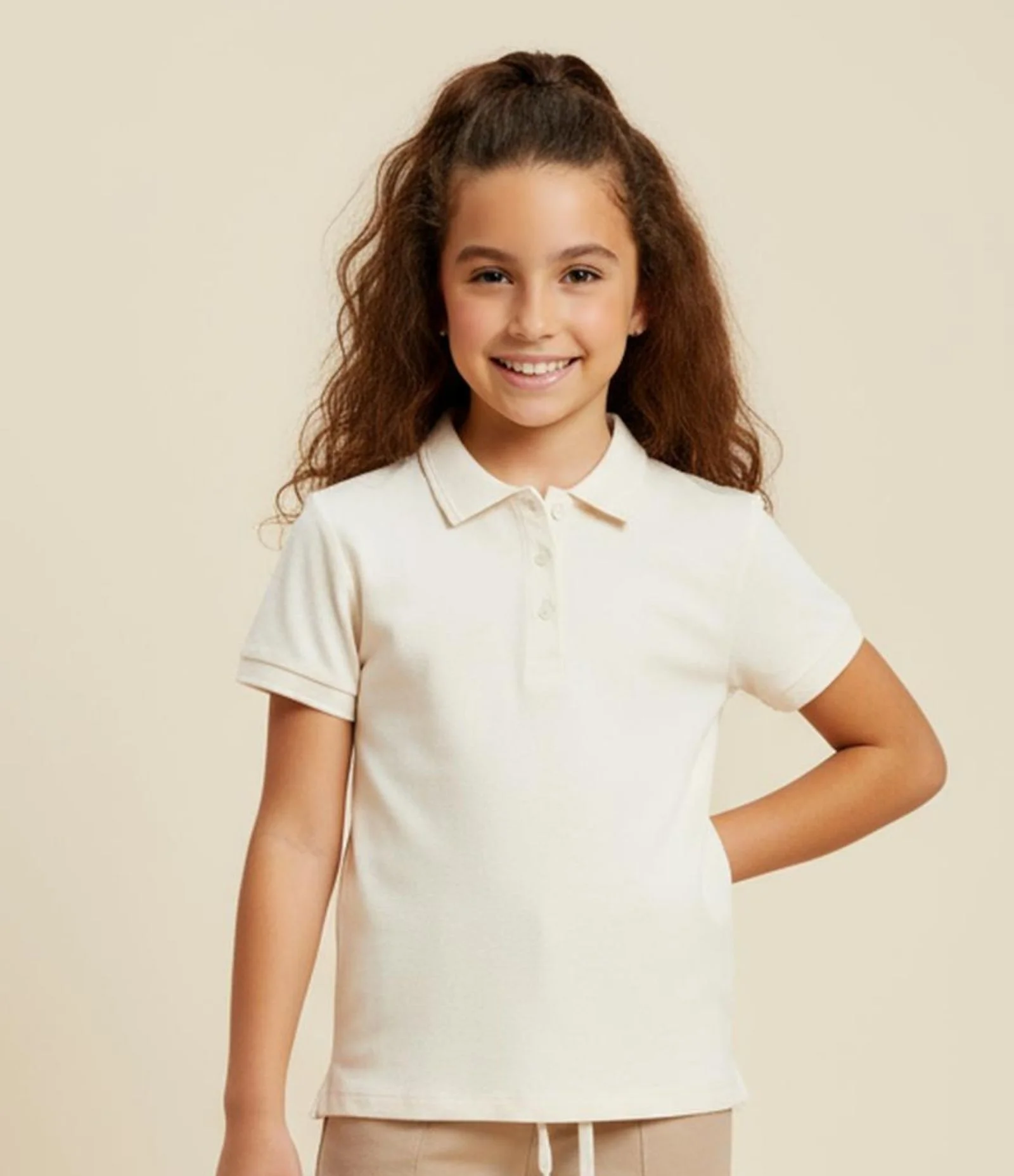Camiseta Infantil em Ribana com Gola Polo - Tam 5 a 14 Anos Off White 1