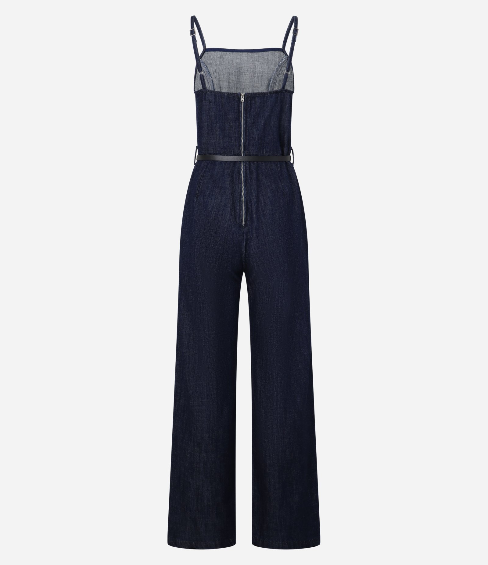 Macacão Longo em Jeans Raw com Alça Fina e Cintinho na Cintura Azul Marinho 8