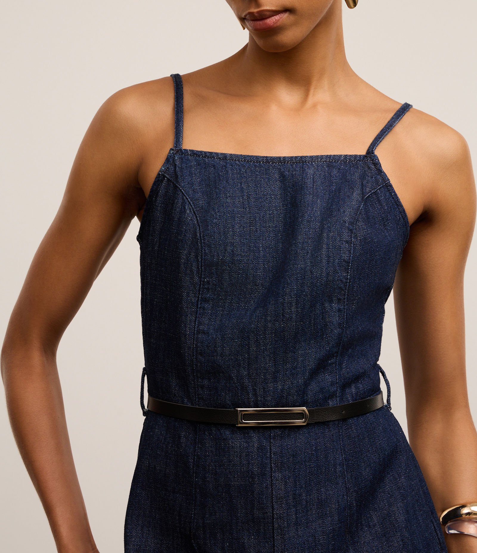 Macacão Longo em Jeans Raw com Alça Fina e Cintinho na Cintura Azul Marinho 3