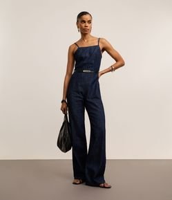 Macacão Longo em Jeans Raw com Alça Fina e Cintinho na Cintura
