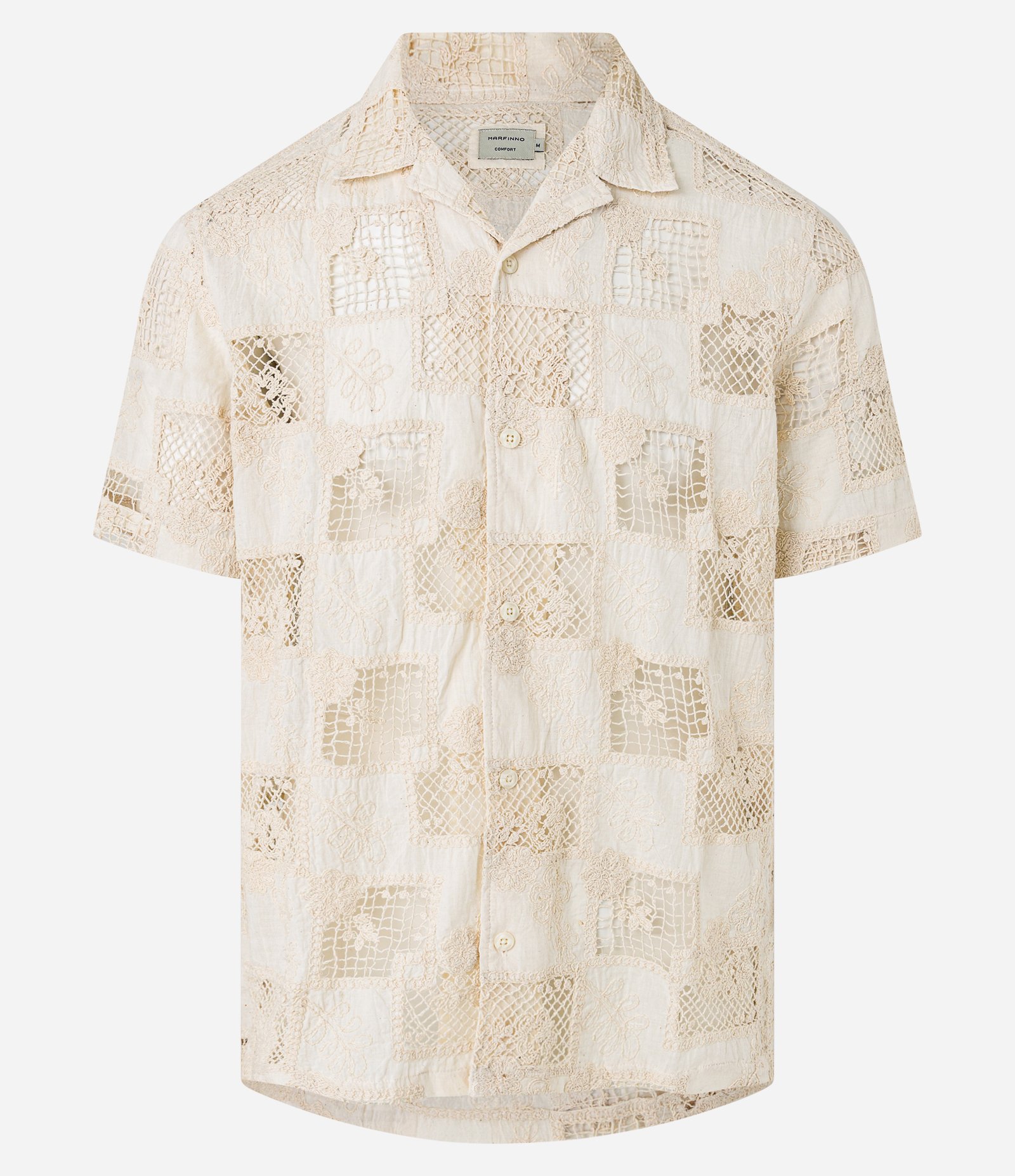 Camisa Comfort com Estampa Bordada e Telada Bege 8