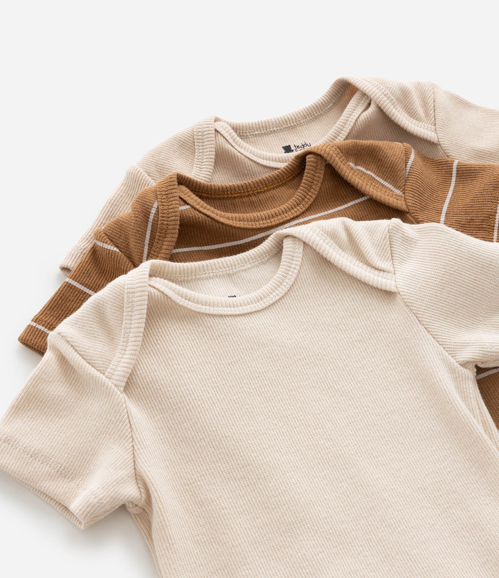 Kit 03 Bodies Infantis em Ribana com Estampa Listrada - Tam RN a 18 meses Marrom/Bege 6