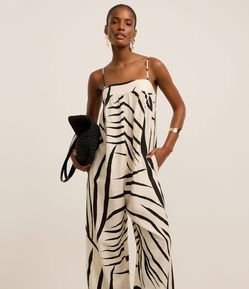 Macacão Midi em Crepe com Estampa Animal Print Zebra e Decote Quadrado