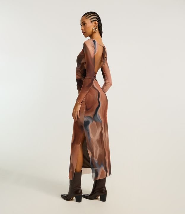 Vestido New Midi em Tule com Estampa Abstrata e Costas Abertas