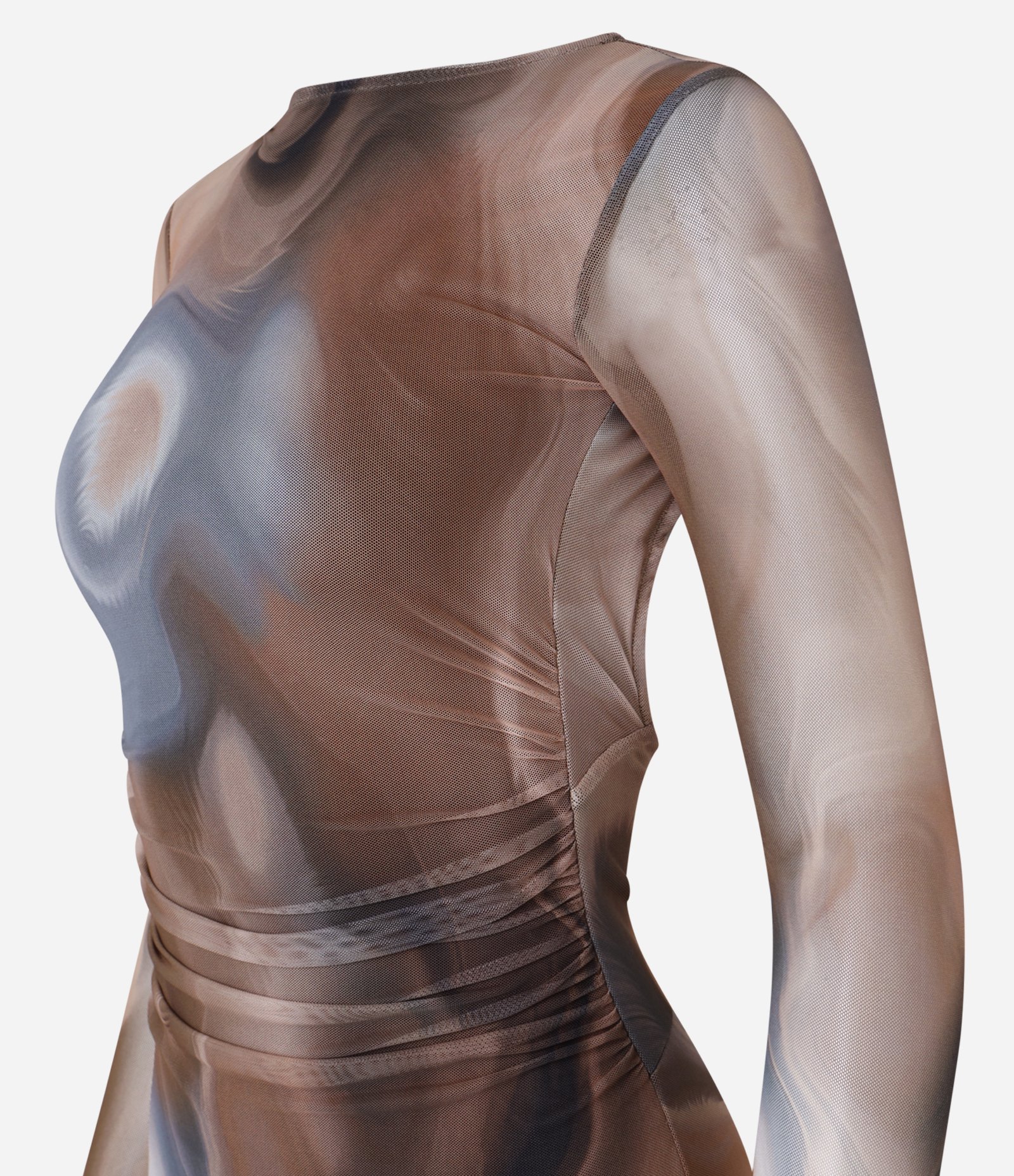 Vestido New Midi em Tule com Estampa Abstrata e Costas Abertas Marrom 7