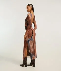 Vestido New Midi em Tule com Estampa Abstrata e Costas Abertas