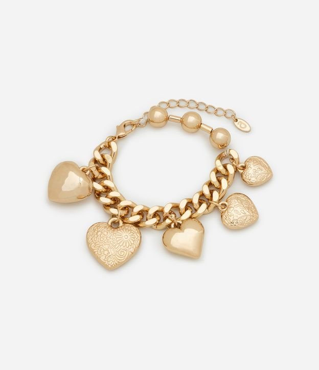 Pulseira de Metal com Elos Esferas e Pingentes de Coração Diversos