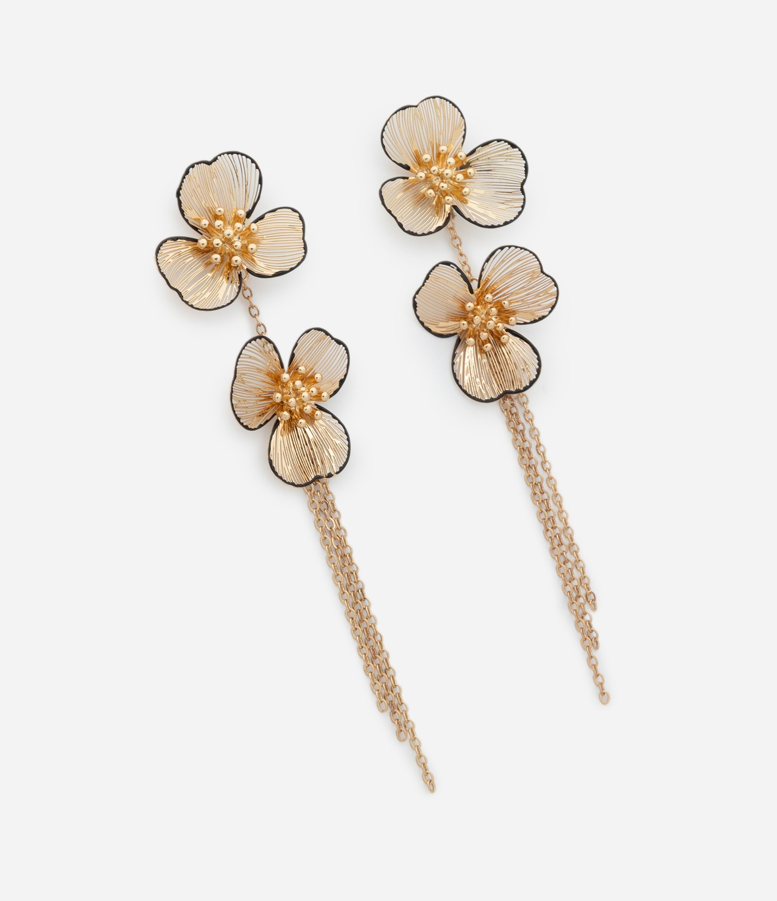 Brinco Fio Esmaltado com Flores Aramadas e Borda Contrastante Dourado 2