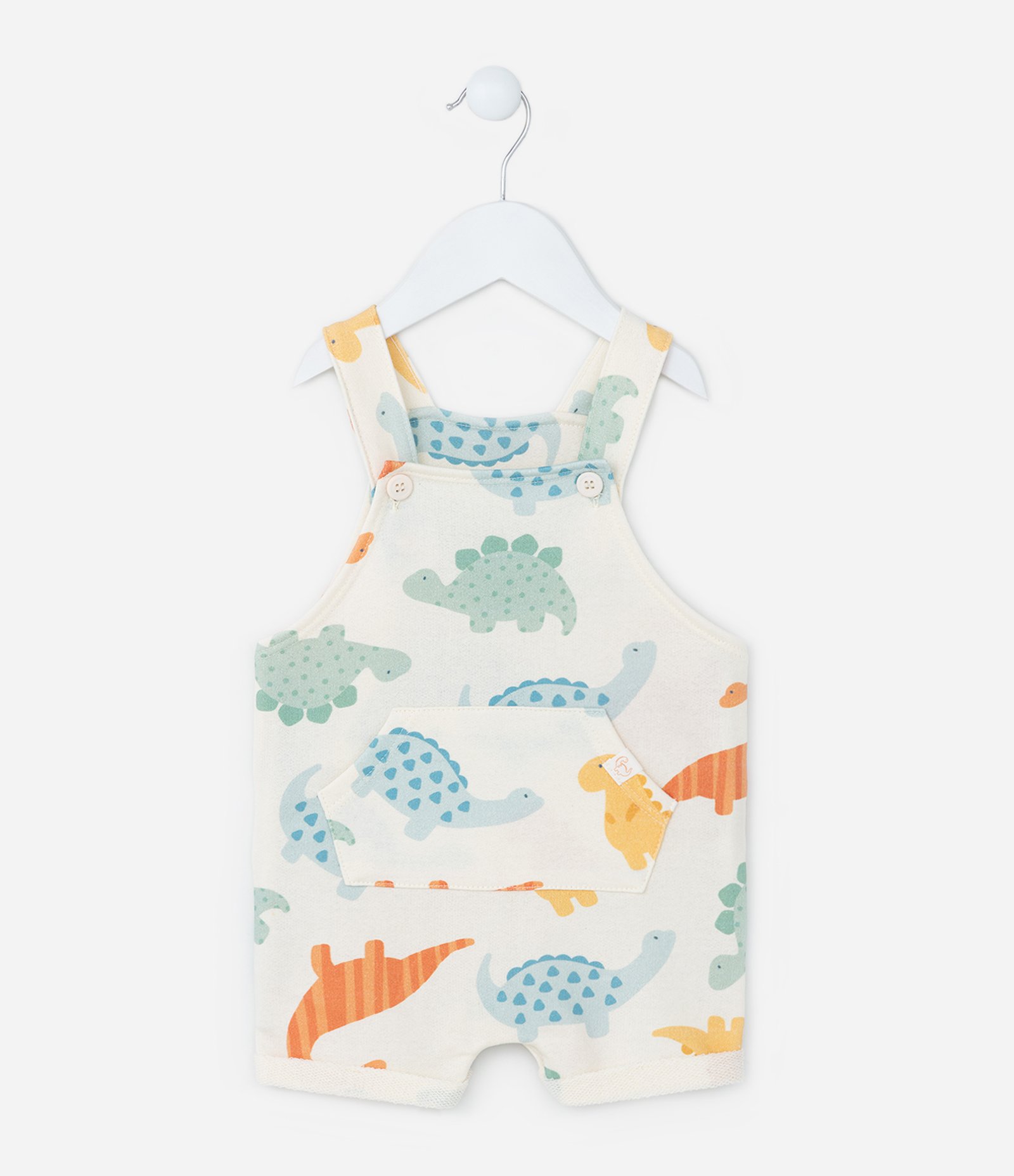 Jardineira Infantil com Bolso e Estampa Dinos - Tam 0 a 18 meses Off White 1